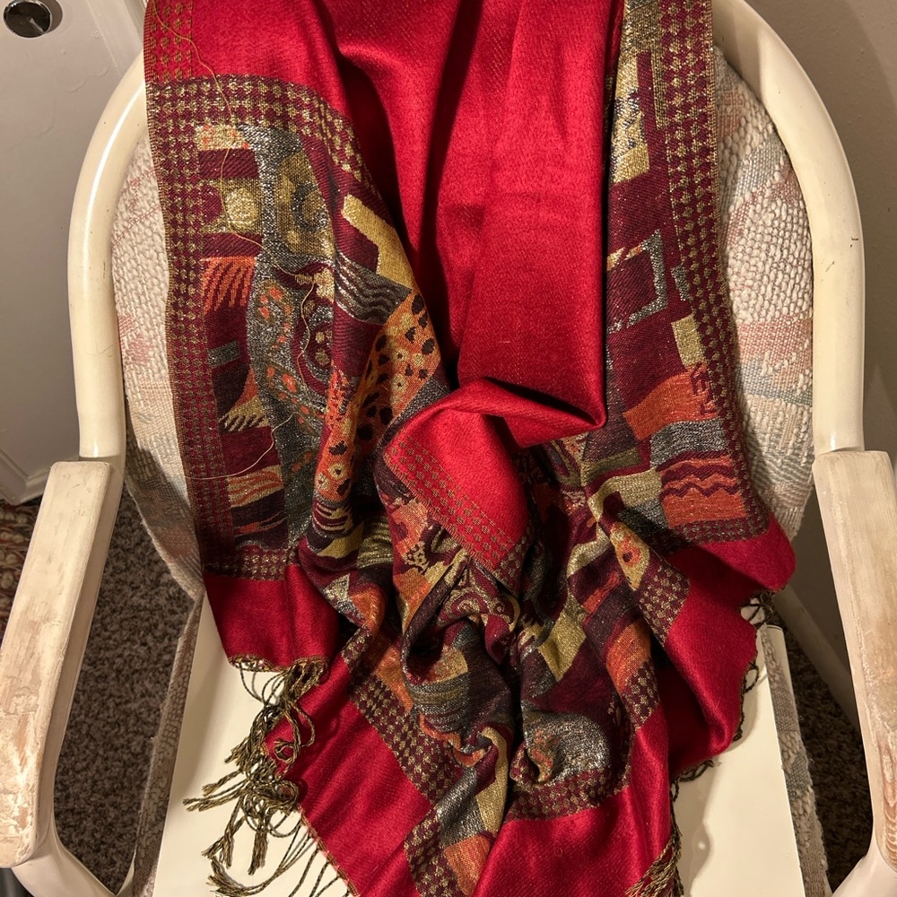 Pashima Patchwork Patterned Red Scarf With Fringe - image 5